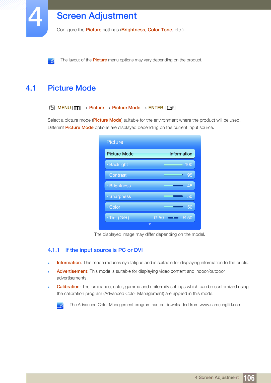 Samsung LH46SLBPLBC/XJ, LH46SLBPLBC/EN, LH46SLBPLBC/NG Screen Adjustment, Picture Mode, If the input source is PC or DVI 