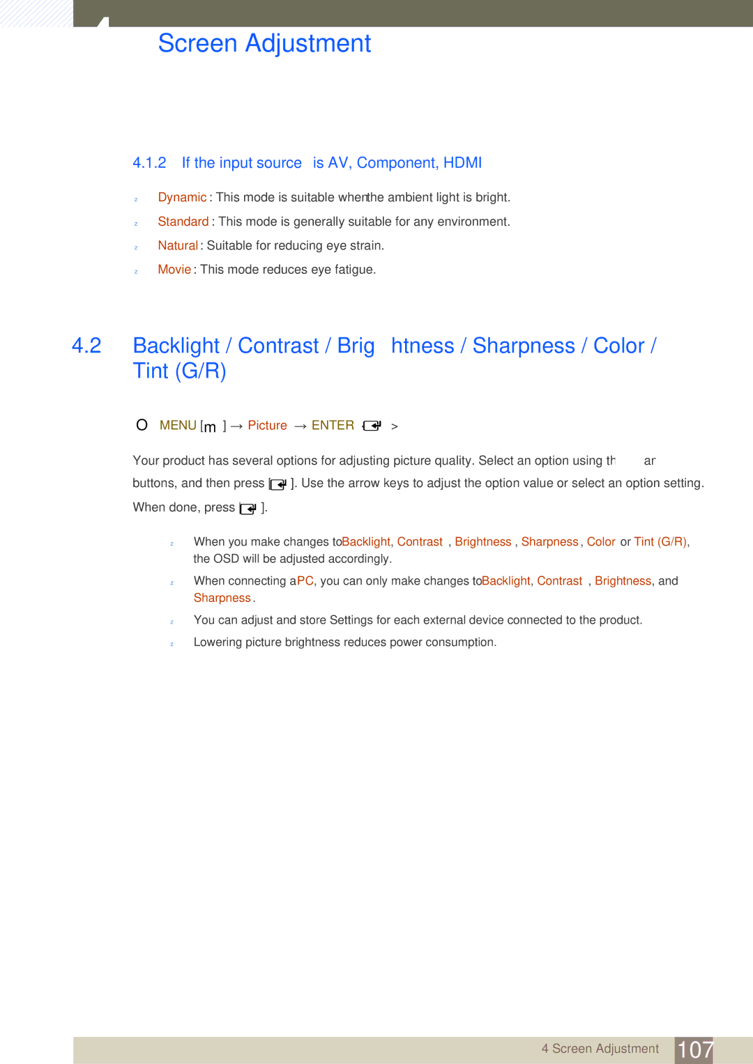 Samsung LH46SLBPLBC/NG, LH46SLBPLBC/EN, LH46SLBPLBC/XJ If the input source is AV, Component, Hdmi, Menu m Picture Enter 