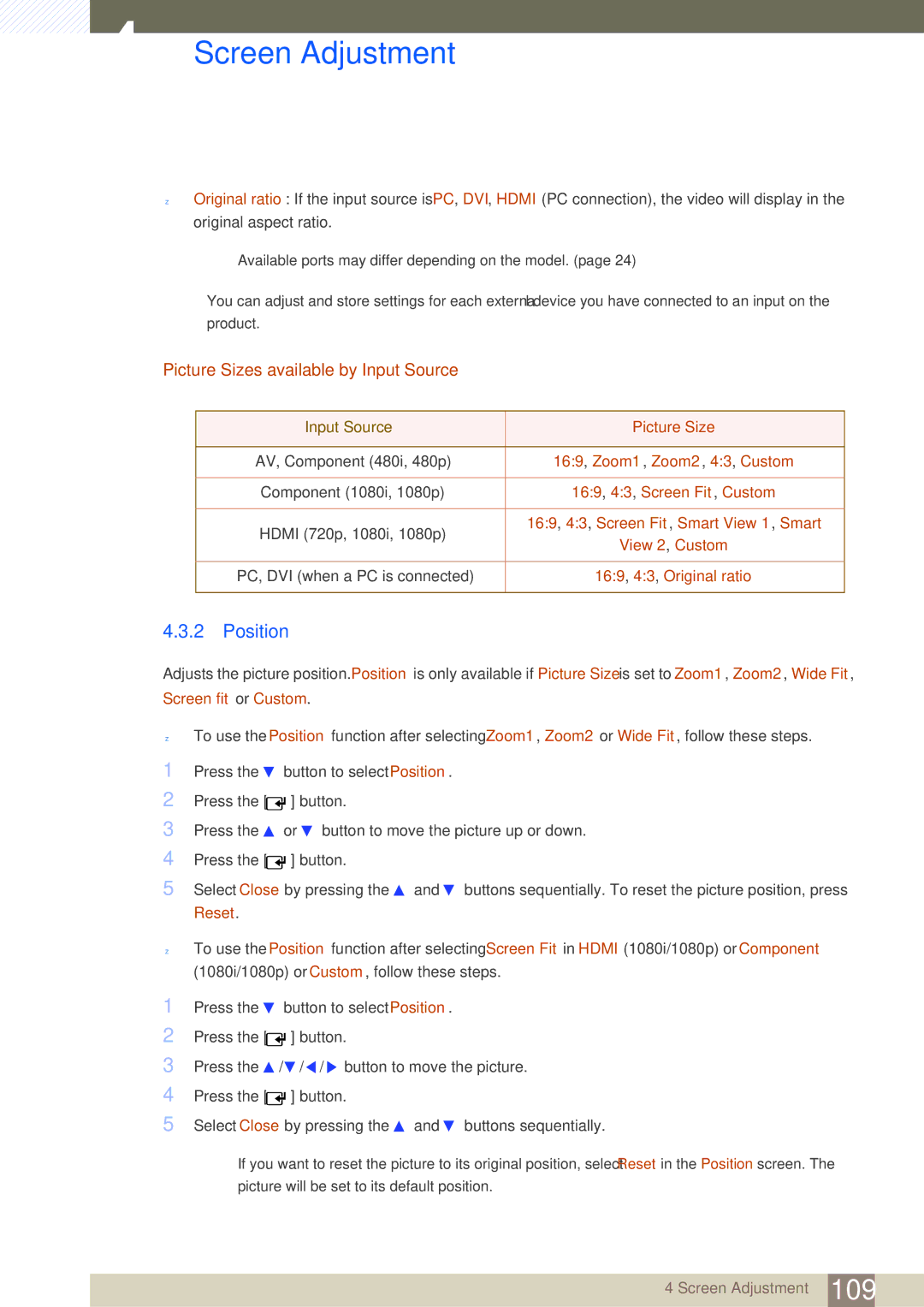 Samsung LH46SLBPLBC/XJ, LH46SLBPLBC/EN, LH46SLBPLBC/NG manual Position, Picture Sizes available by Input Source 