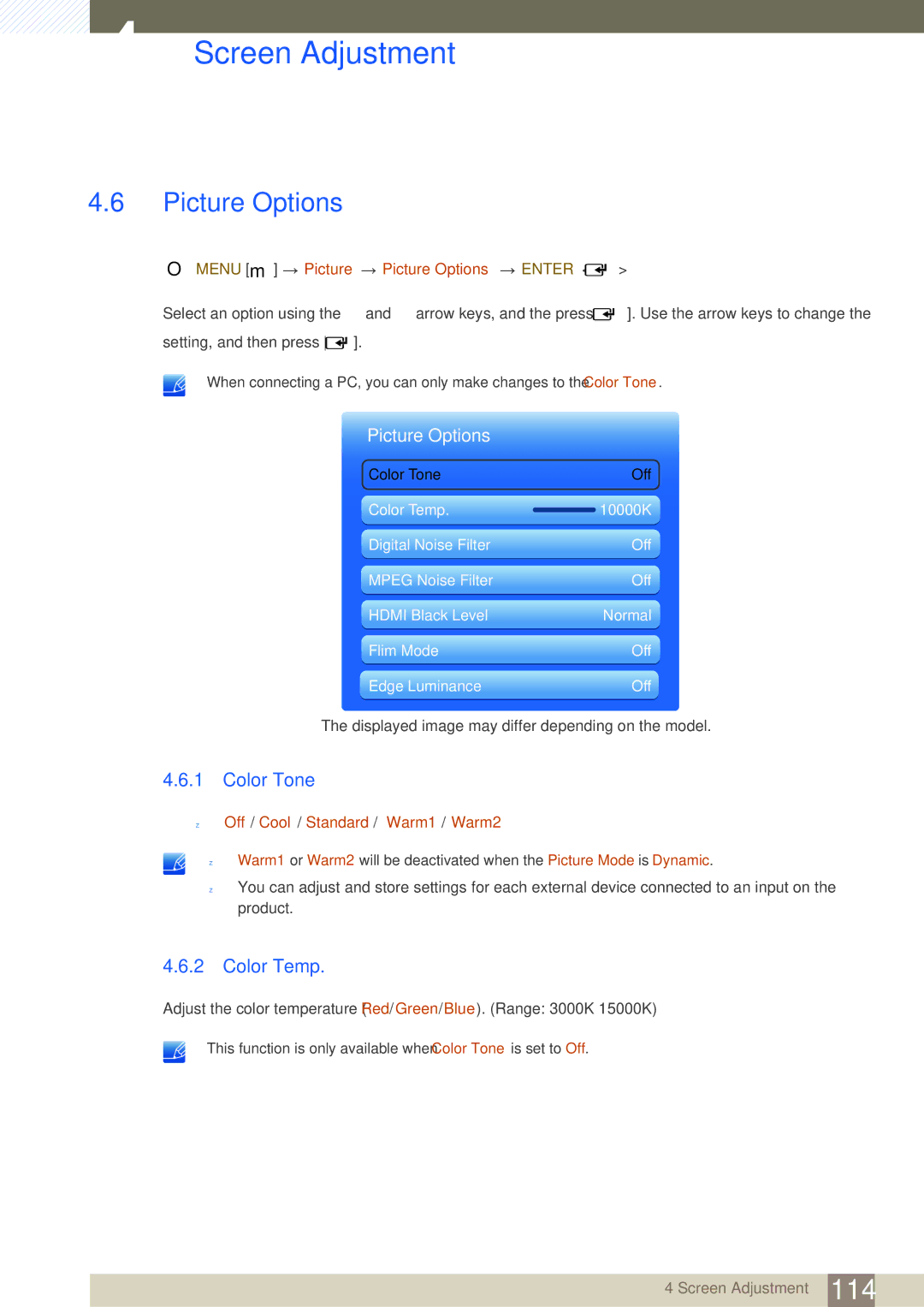 Samsung LH46SLBPLBC/EN, LH46SLBPLBC/XJ, LH46SLBPLBC/NG manual Picture Options, Color Tone, Color Temp 