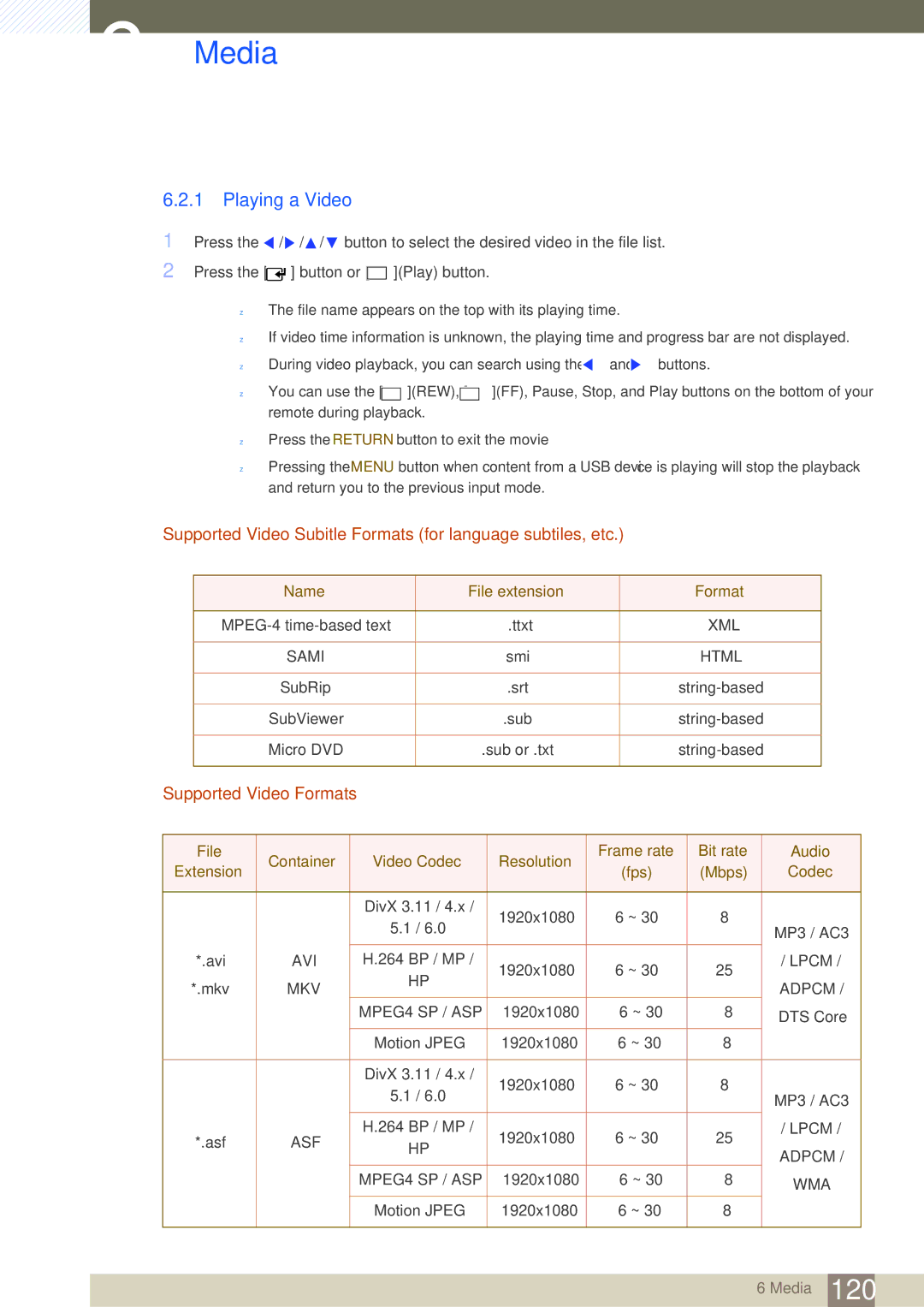 Samsung LH46SLBPLBC/EN, LH46SLBPLBC/XJ manual Playing a Video, Supported Video Subitle Formats for language subtiles, etc 