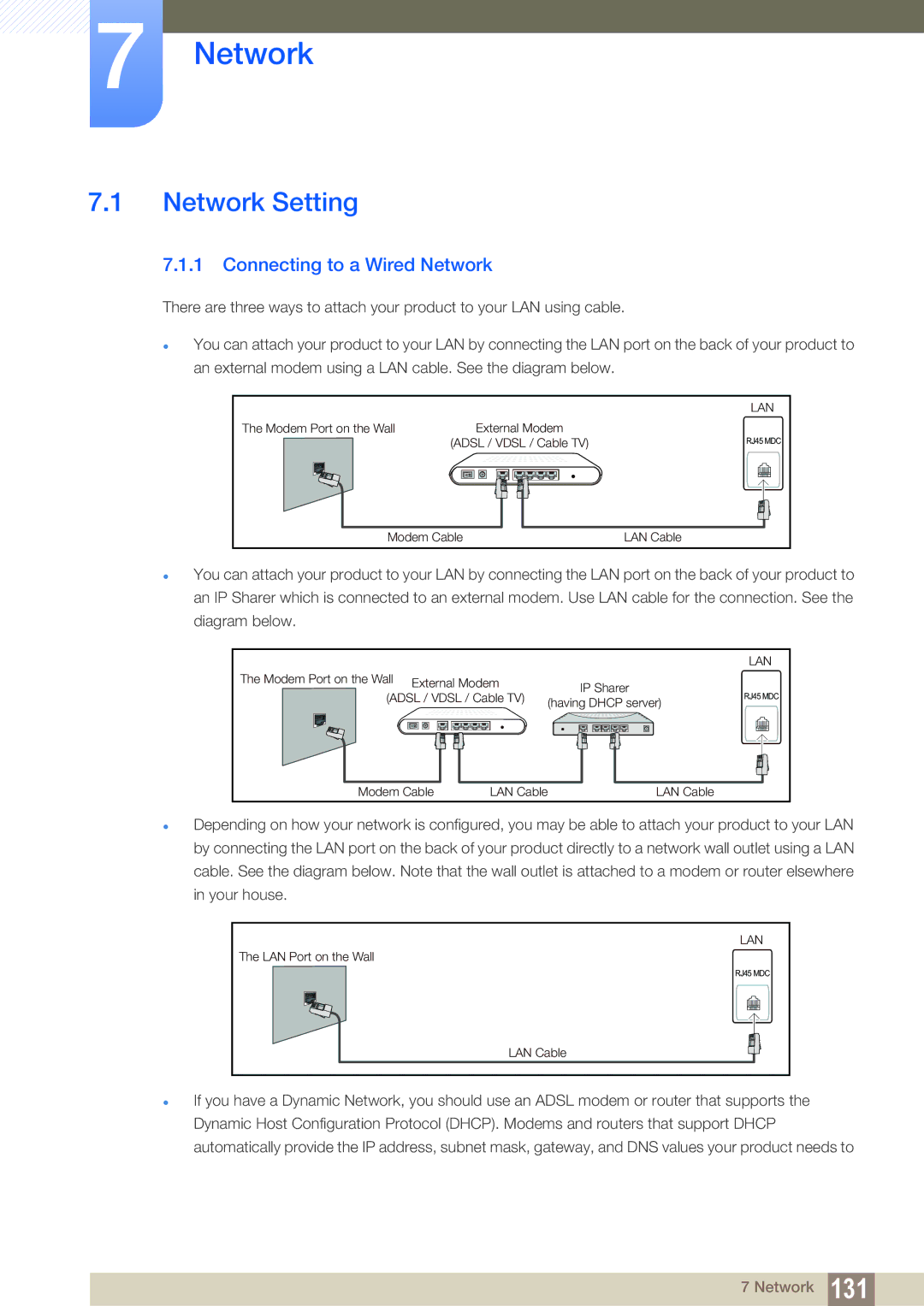 Samsung LH46SLBPLBC/NG, LH46SLBPLBC/EN, LH46SLBPLBC/XJ manual Network Setting, Connecting to a Wired Network 