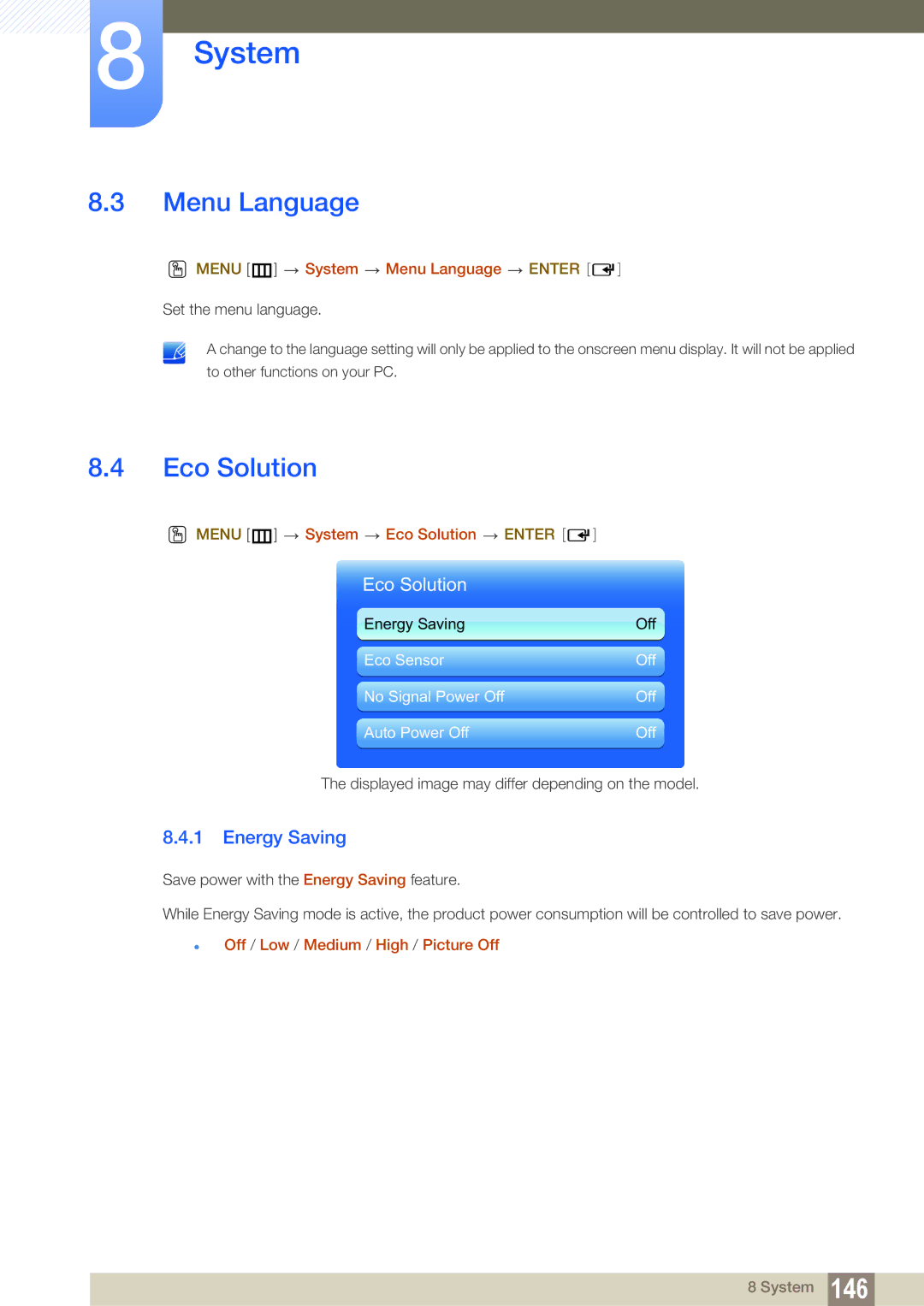 Samsung LH46SLBPLBC/NG, LH46SLBPLBC/EN, LH46SLBPLBC/XJ manual Menu Language, Eco Solution, Energy Saving 