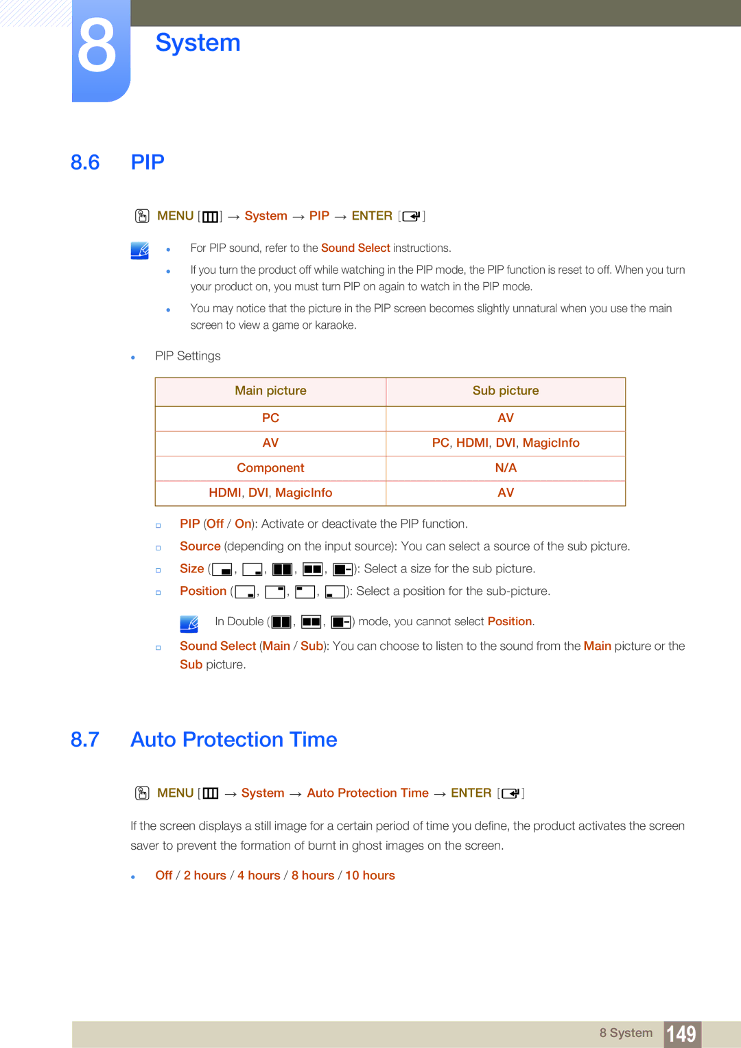 Samsung LH46SLBPLBC/NG, LH46SLBPLBC/EN, LH46SLBPLBC/XJ manual Pip, Auto Protection Time 