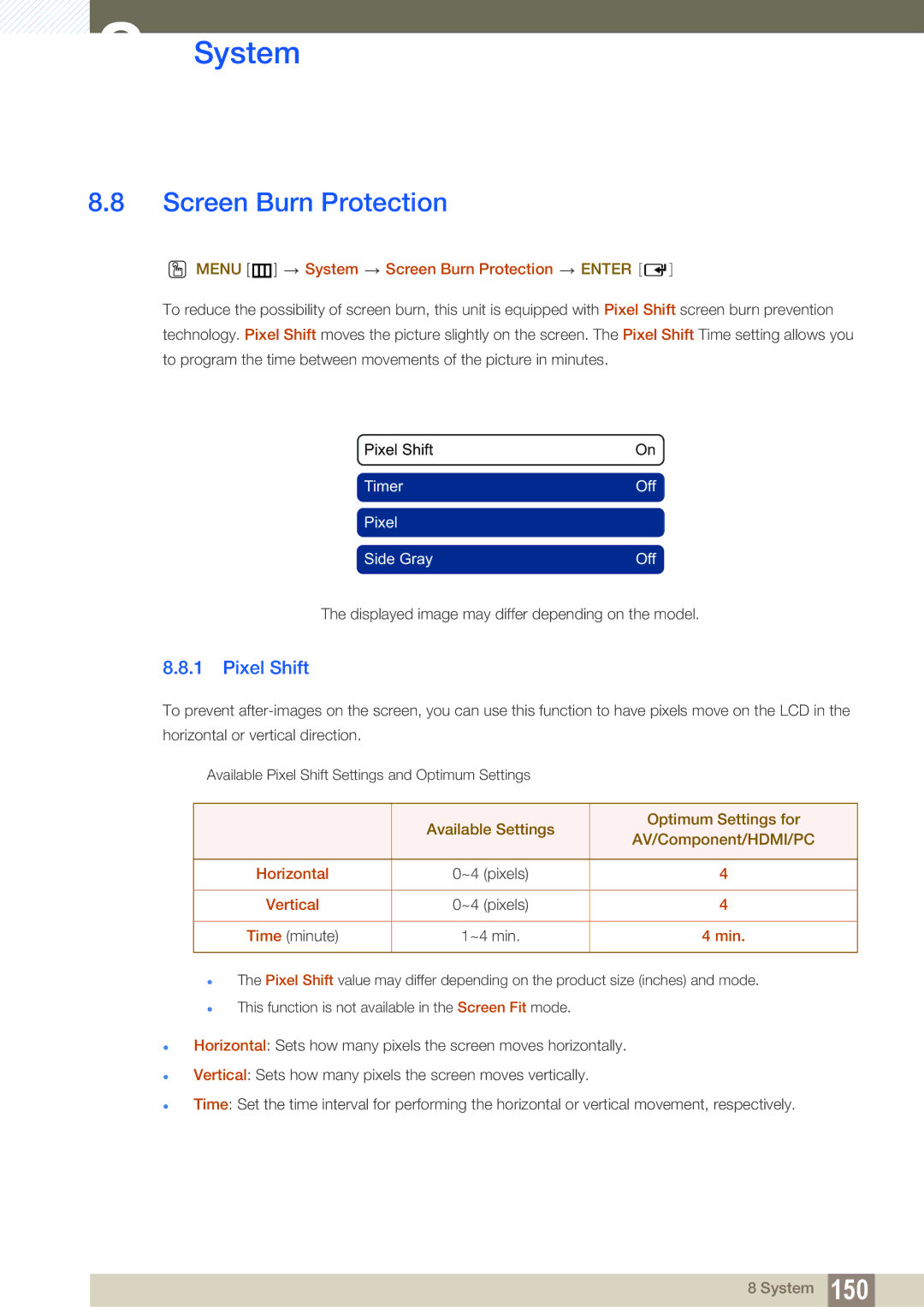 Samsung LH46SLBPLBC/EN, LH46SLBPLBC/XJ, LH46SLBPLBC/NG manual Screen Burn Protection, Pixel Shift 