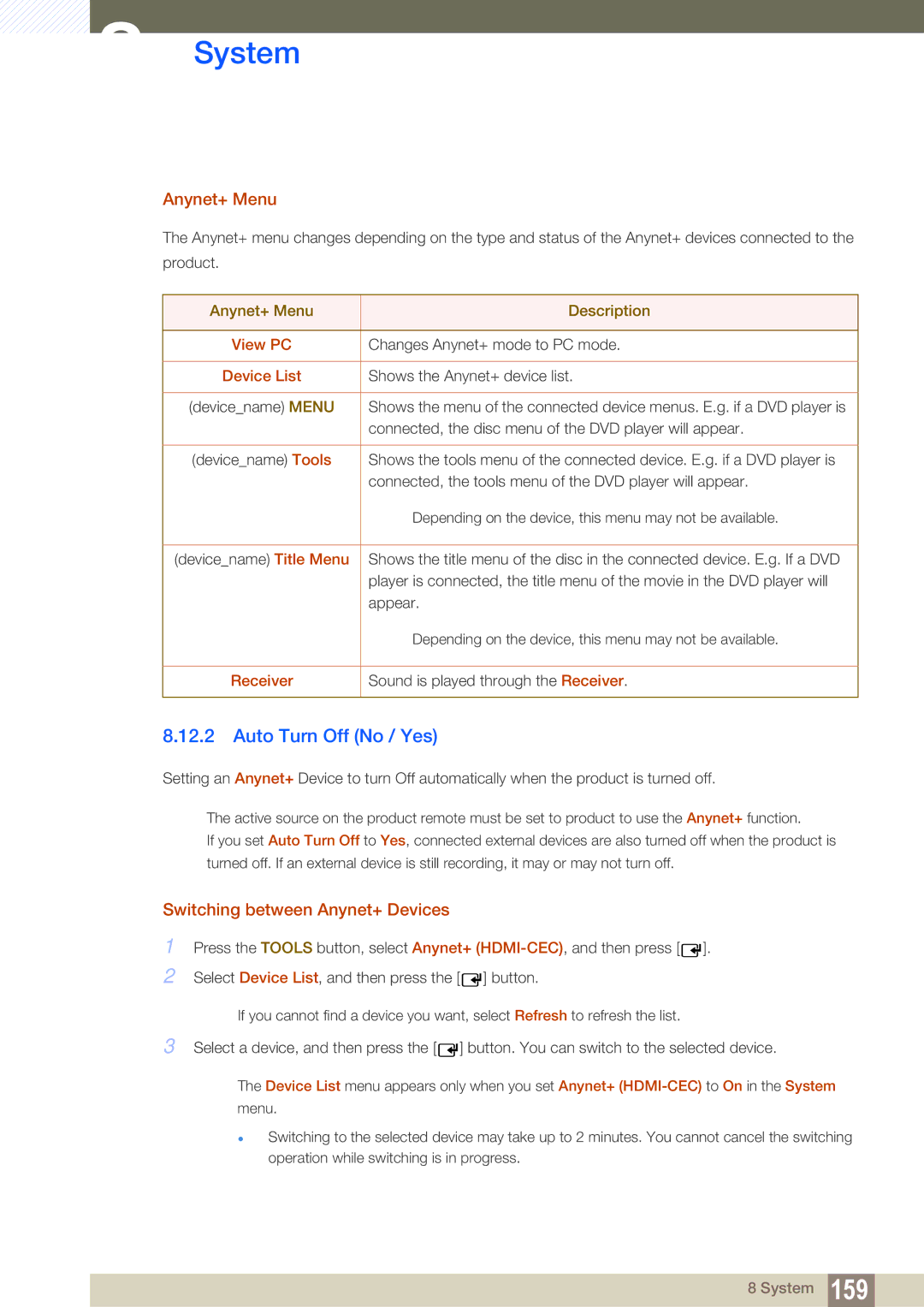 Samsung LH46SLBPLBC/EN, LH46SLBPLBC/XJ manual Auto Turn Off No / Yes, Anynet+ Menu, Switching between Anynet+ Devices 