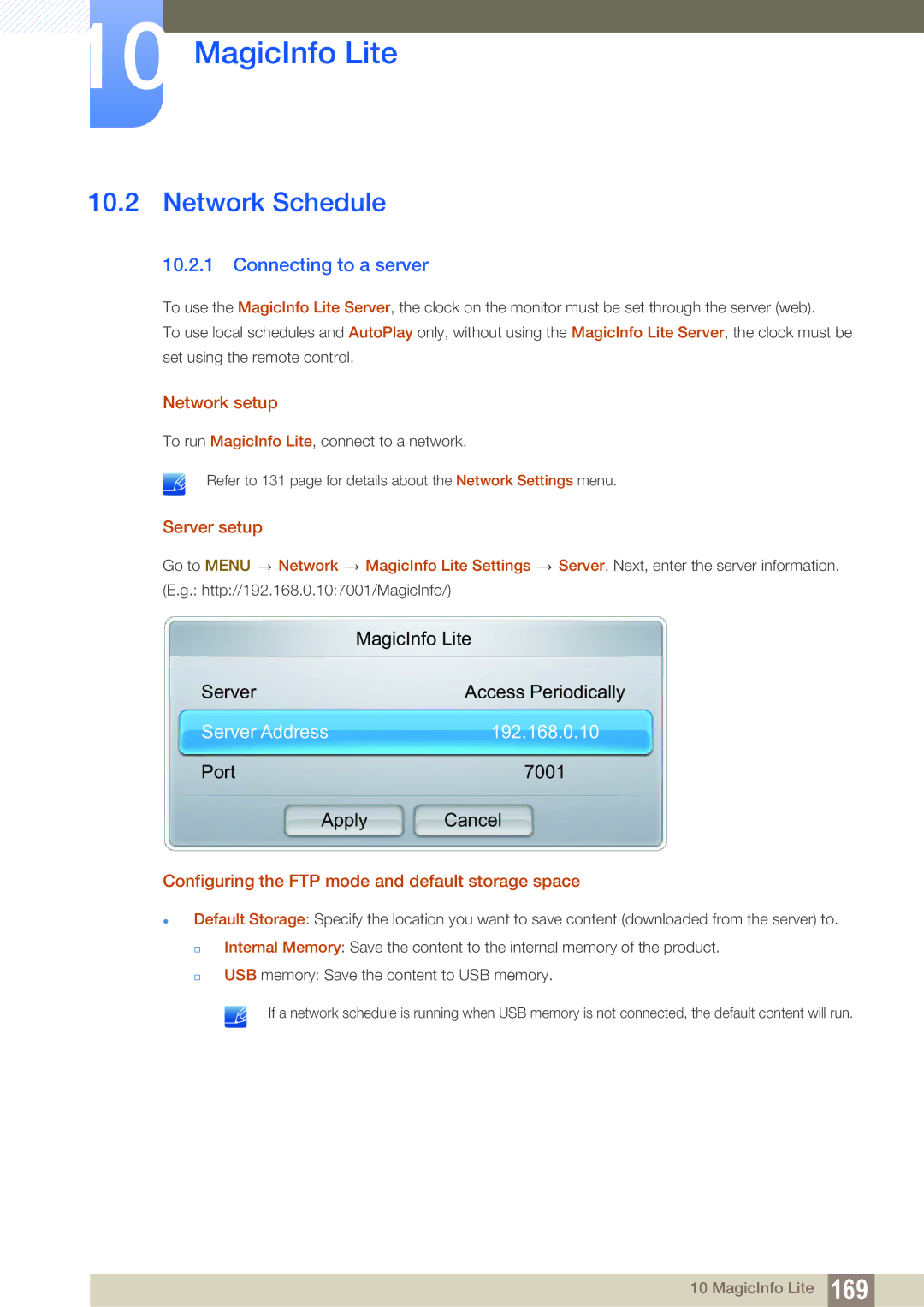 Samsung LH46SLBPLBC/XJ, LH46SLBPLBC/EN manual Network Schedule, Connecting to a server, Server Address 192.168.0.10 