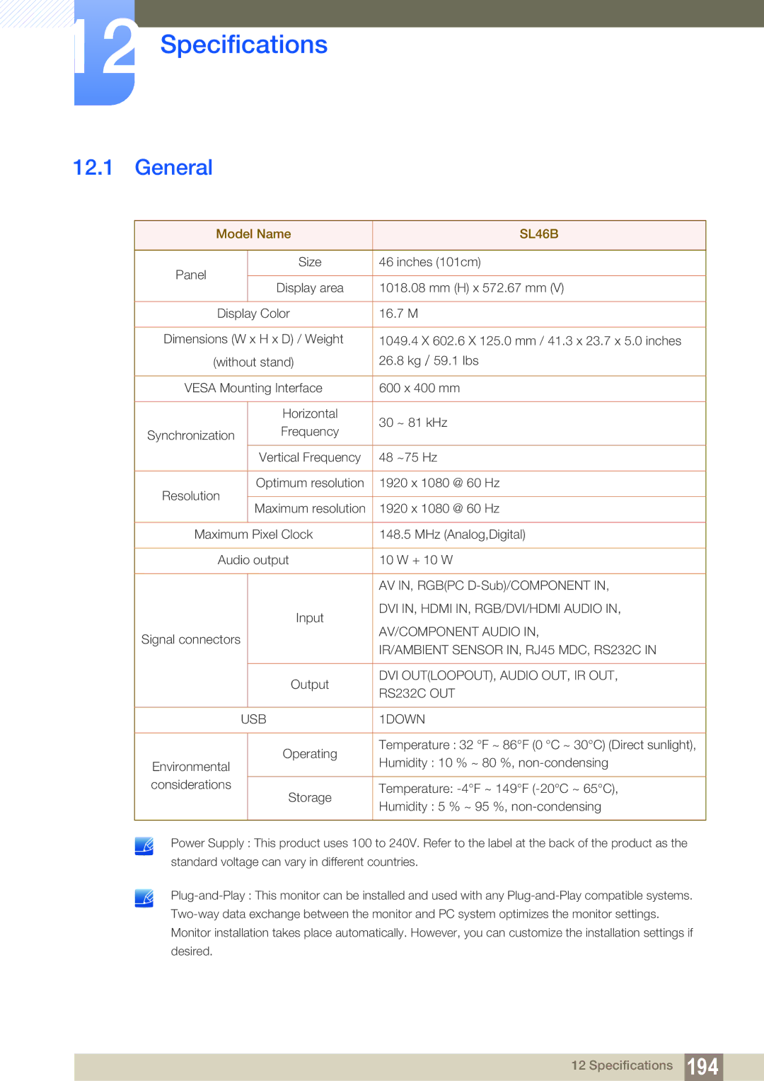 Samsung LH46SLBPLBC/NG, LH46SLBPLBC/EN, LH46SLBPLBC/XJ manual Specifications, SL46B 