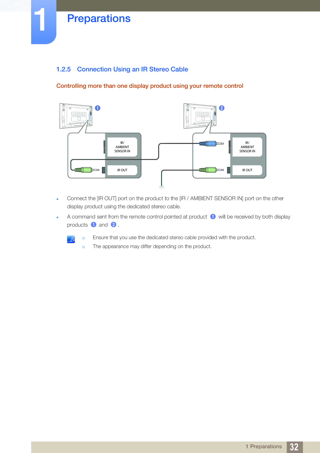 Samsung LH46SLBPLBC/NG, LH46SLBPLBC/EN, LH46SLBPLBC/XJ manual Connection Using an IR Stereo Cable 