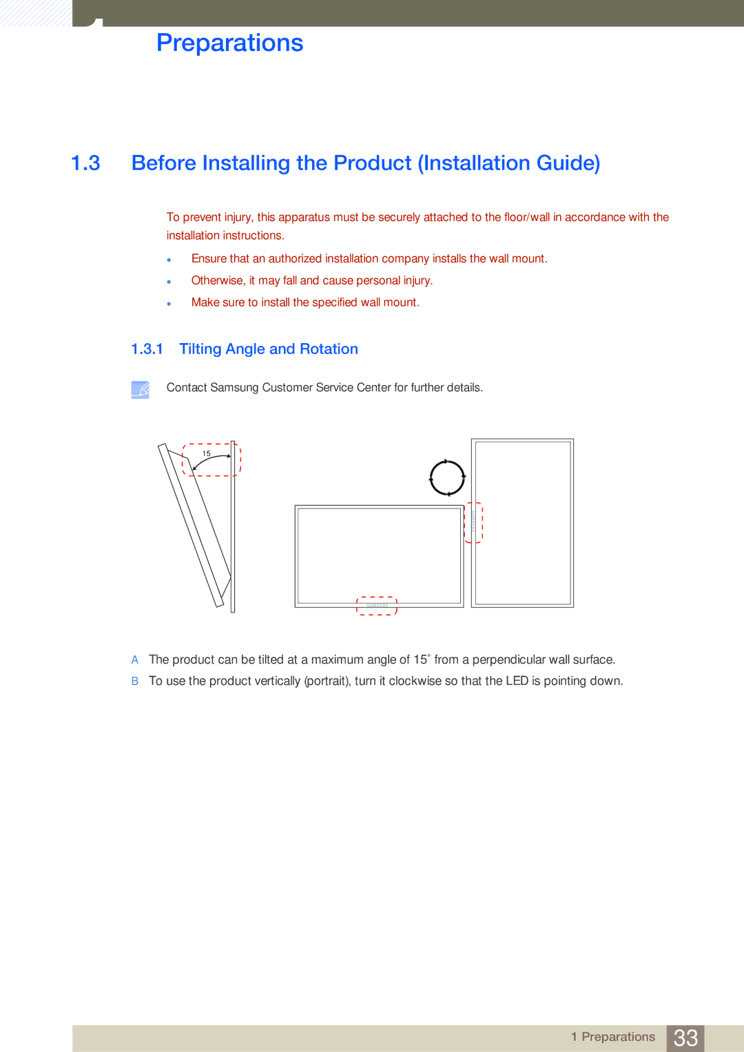 Samsung LH46SLBPLBC/EN, LH46SLBPLBC/XJ manual Before Installing the Product Installation Guide, Tilting Angle and Rotation 