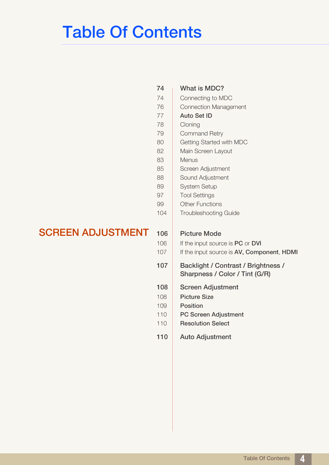 Samsung LH46SLBPLBC/XJ, LH46SLBPLBC/EN, LH46SLBPLBC/NG manual Screen Adjustment 