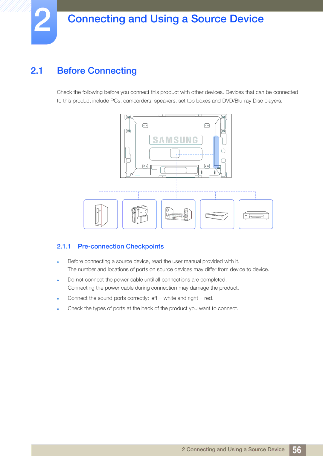 Samsung LH46SLBPLBC/NG, LH46SLBPLBC/EN Connecting and Using a Source Device, Before Connecting, Pre-connection Checkpoints 