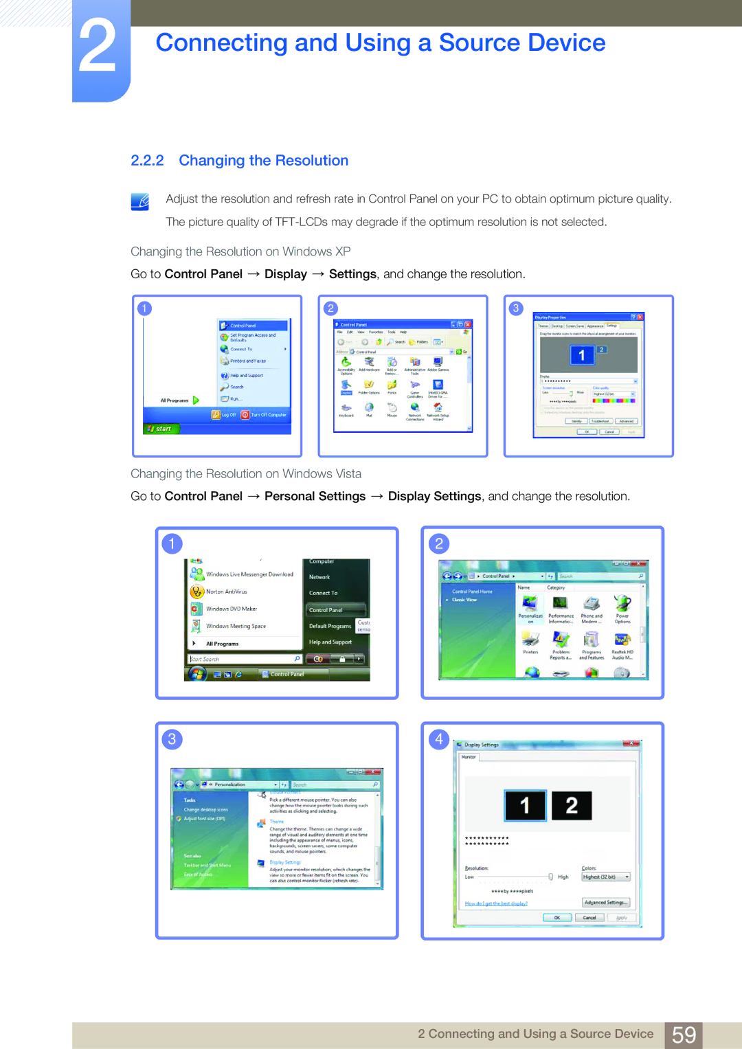 Samsung LH46SLBPLBC/NG, LH46SLBPLBC/EN Changing the Resolution on Windows XP, Changing the Resolution on Windows Vista 