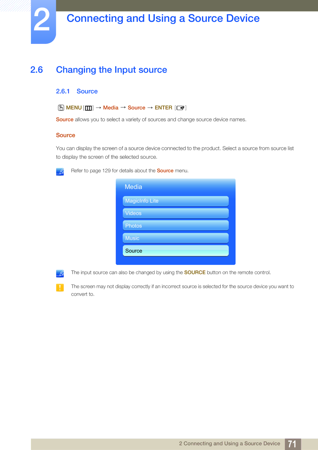 Samsung LH46SLBPLBC/NG, LH46SLBPLBC/EN, LH46SLBPLBC/XJ manual Changing the Input source, Menu m Media Source Enter 