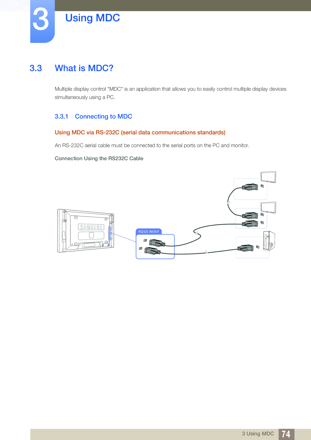 Samsung LH46SLBPLBC/NG manual What is MDC?, Connecting to MDC, Using MDC via RS-232C serial data communications standards 