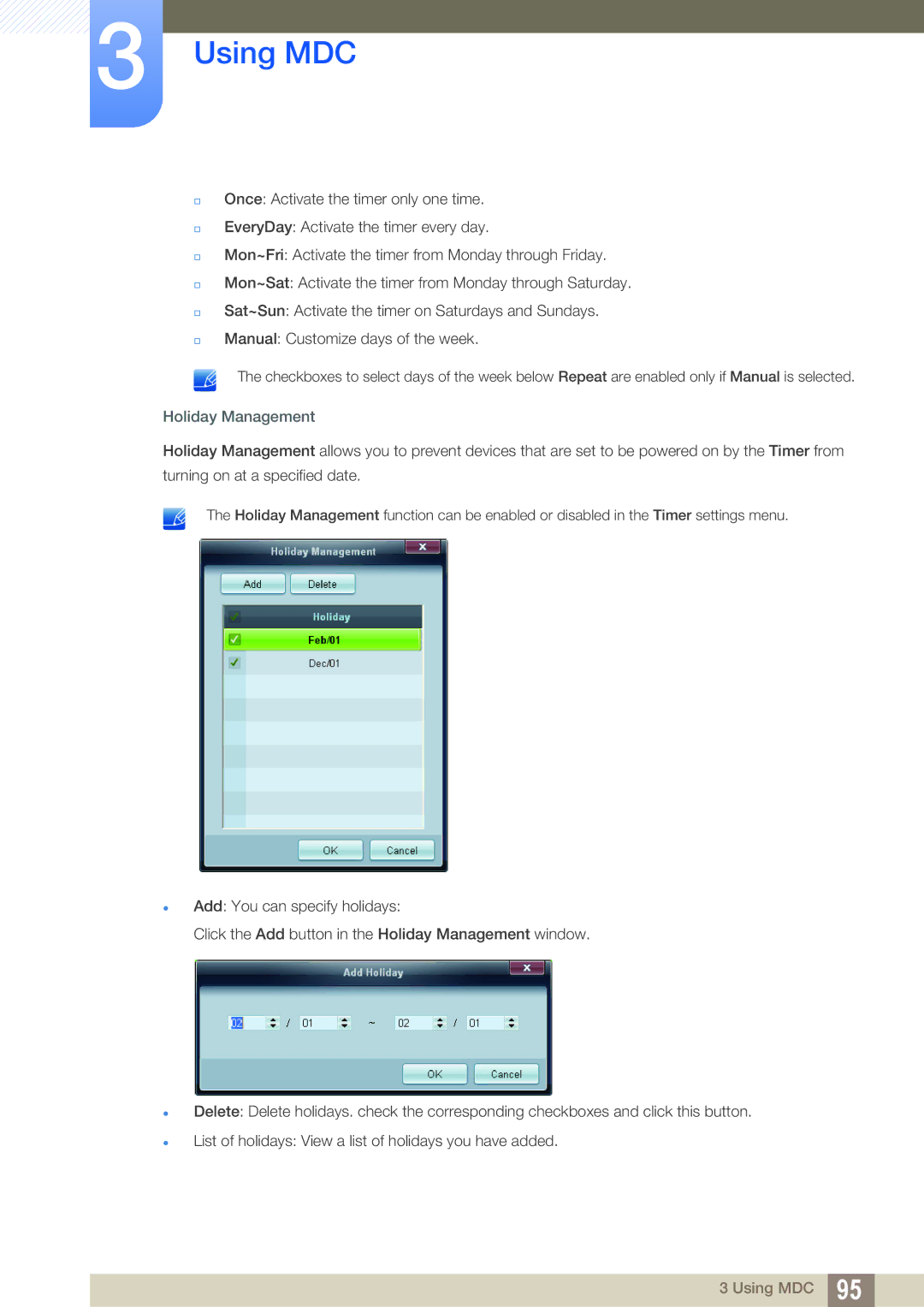 Samsung LH46SLBPLBC/NG, LH46SLBPLBC/EN, LH46SLBPLBC/XJ manual Holiday Management 