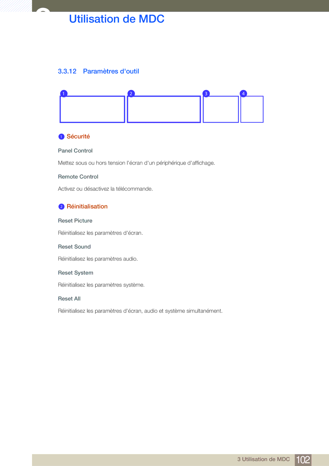 Samsung LH46SLBPLBC/EN manual Paramètres doutil, Réinitialisation 