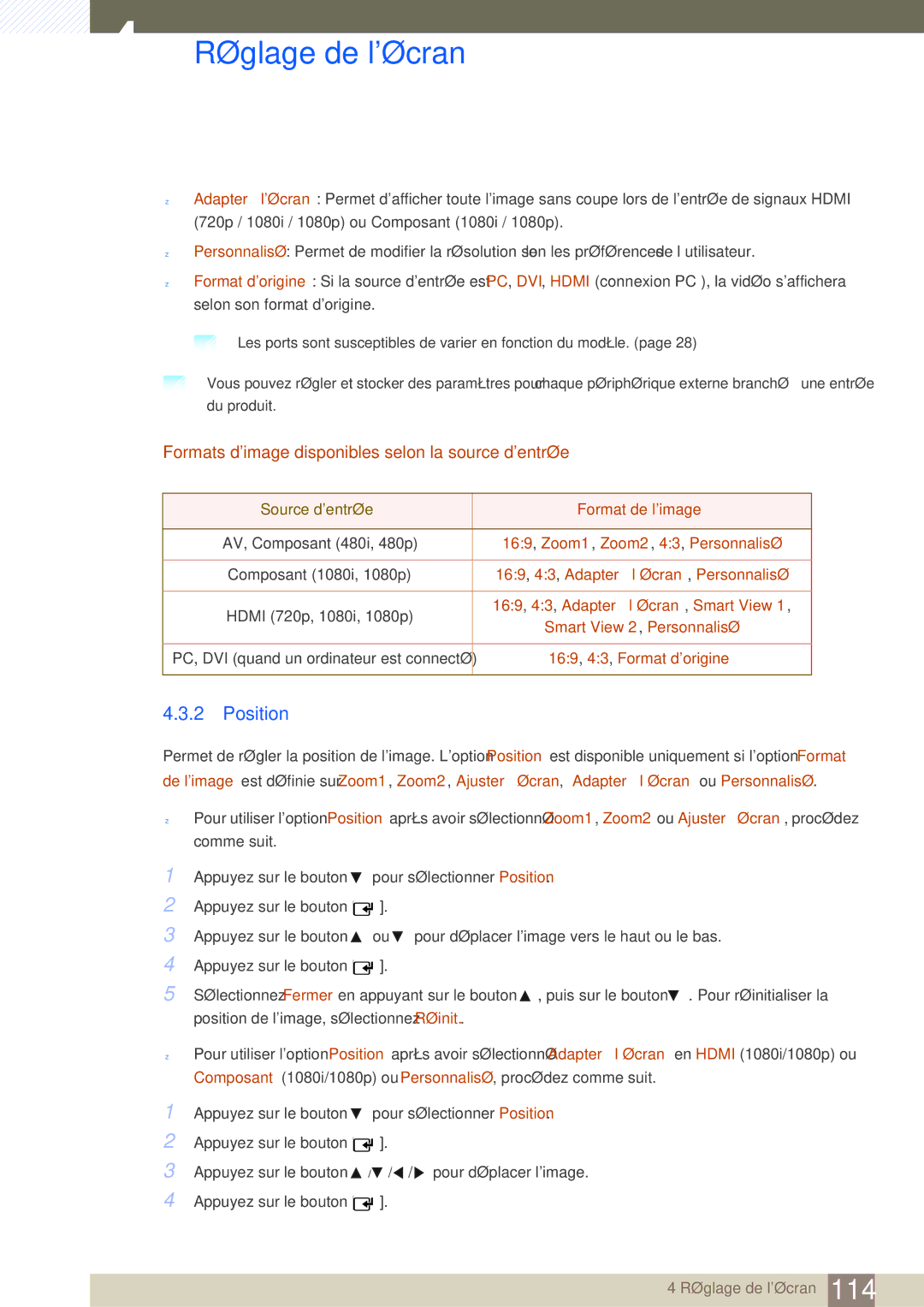 Samsung LH46SLBPLBC/EN manual Position, Formats dimage disponibles selon la source dentrée 