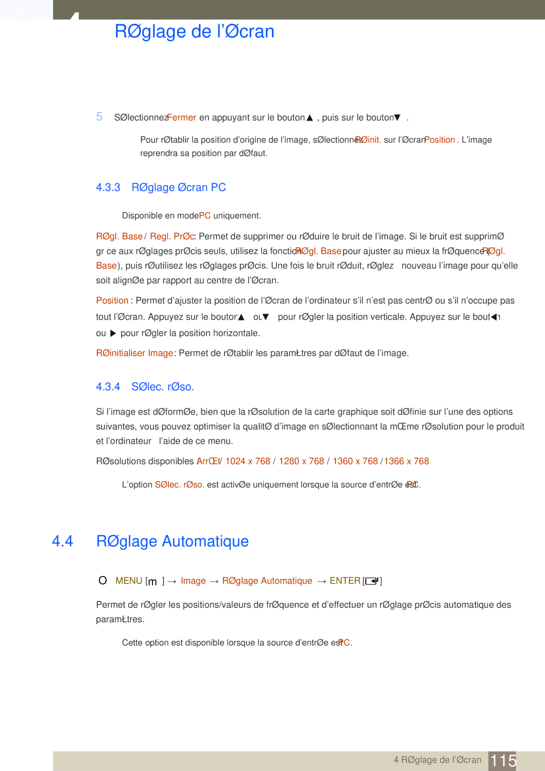 Samsung LH46SLBPLBC/EN manual 3 Réglage écran PC, 4 Sélec. réso, Menu m Image Réglage Automatique Enter 