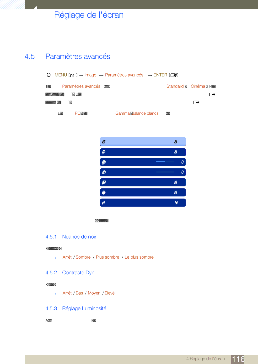 Samsung LH46SLBPLBC/EN manual Paramètres avancés, Nuance de noir, Contraste Dyn, 3 Réglage Luminosité 