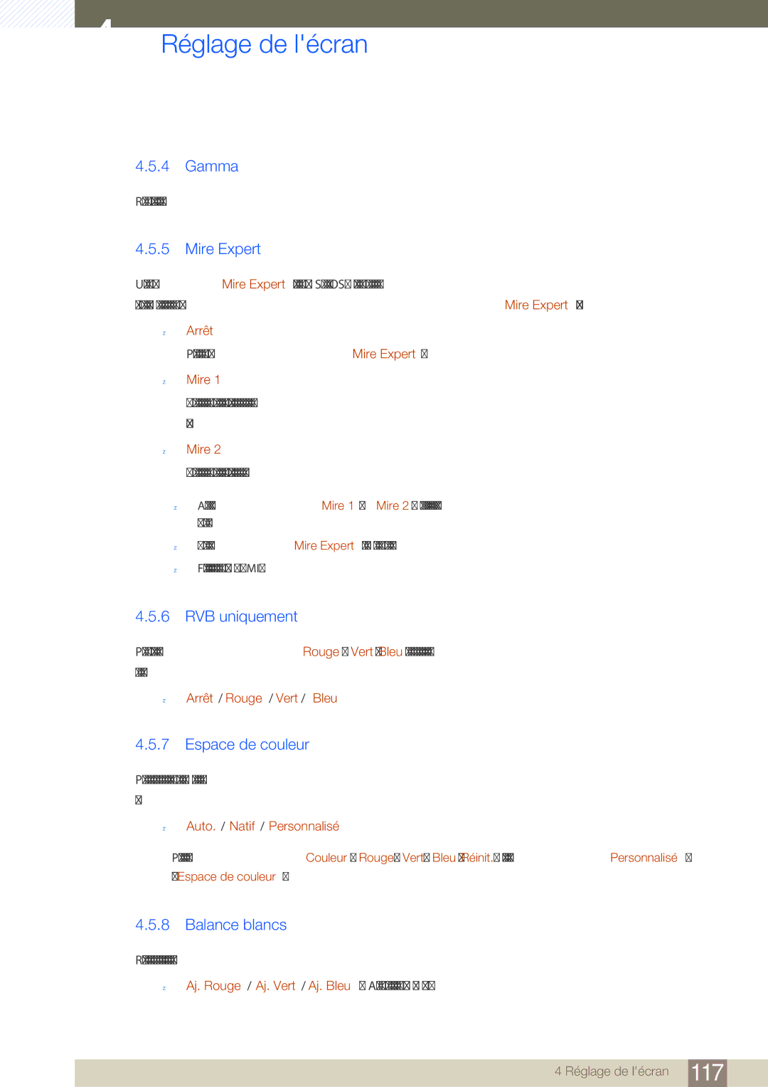 Samsung LH46SLBPLBC/EN manual Gamma, Mire Expert, RVB uniquement, Espace de couleur, Balance blancs 