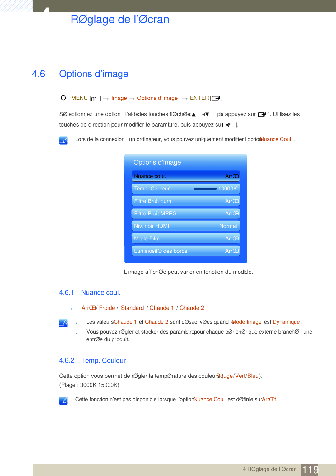 Samsung LH46SLBPLBC/EN manual Nuance coul, Temp. Couleur, Menu m Image Options dimage Enter 