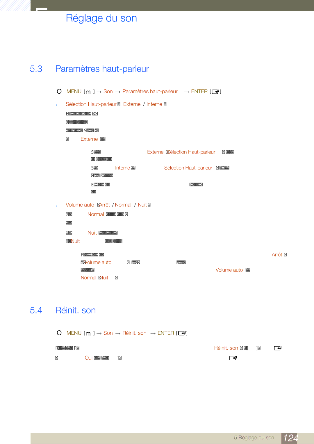 Samsung LH46SLBPLBC/EN manual Paramètres haut-parleur, Réinit. son, Volume auto Arrêt / Normal / Nuit 