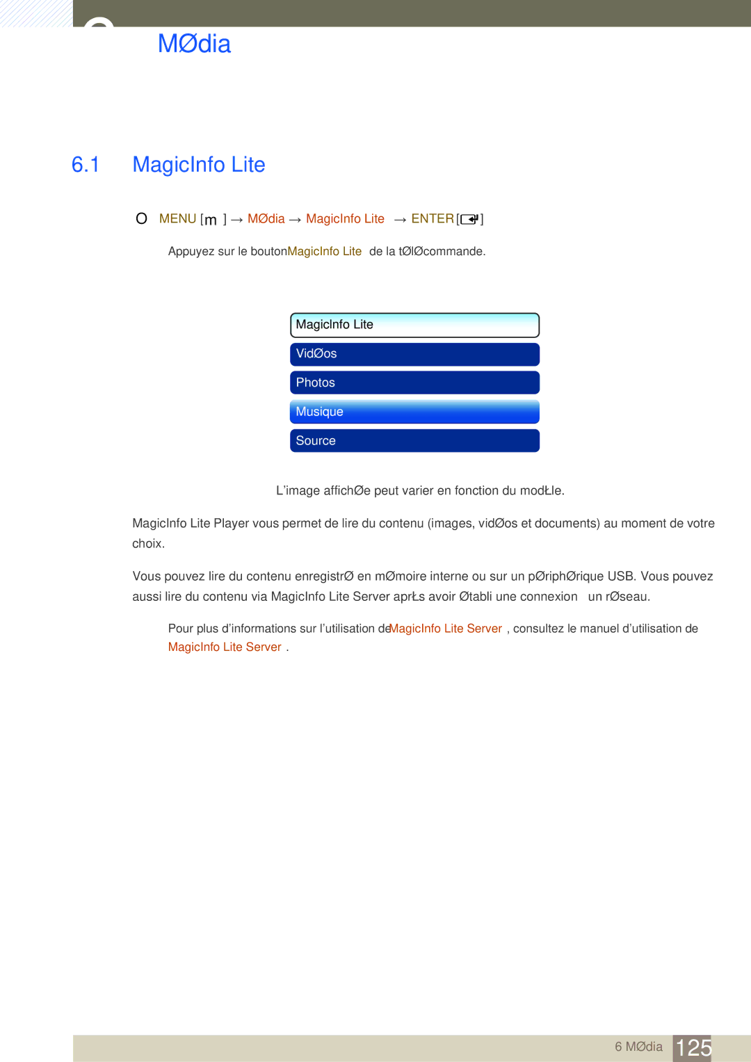 Samsung LH46SLBPLBC/EN manual Menu m Média MagicInfo Lite Enter, MagicInfo Lite Server 