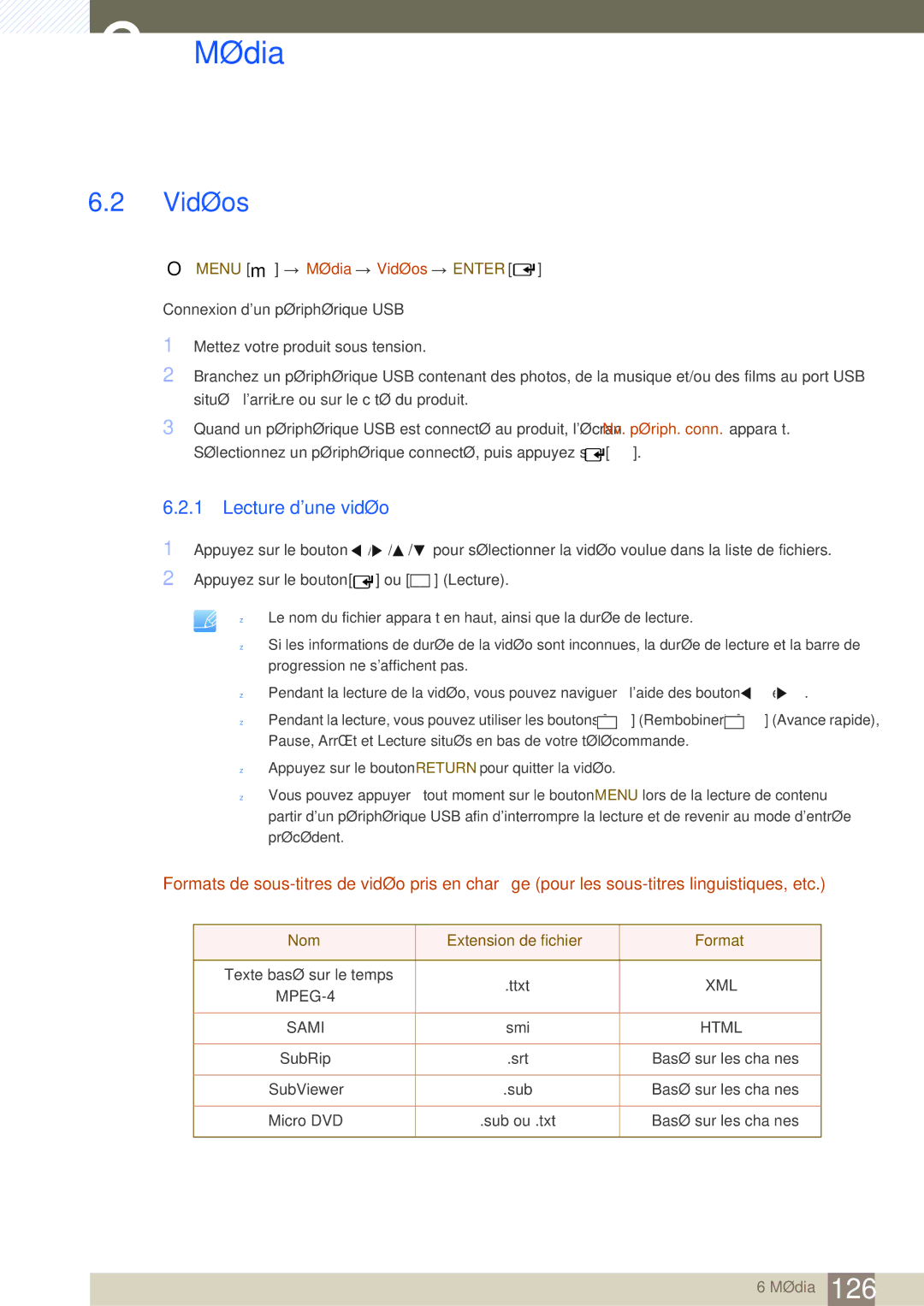 Samsung LH46SLBPLBC/EN manual Lecture dune vidéo, Menu m Média Vidéos Enter 