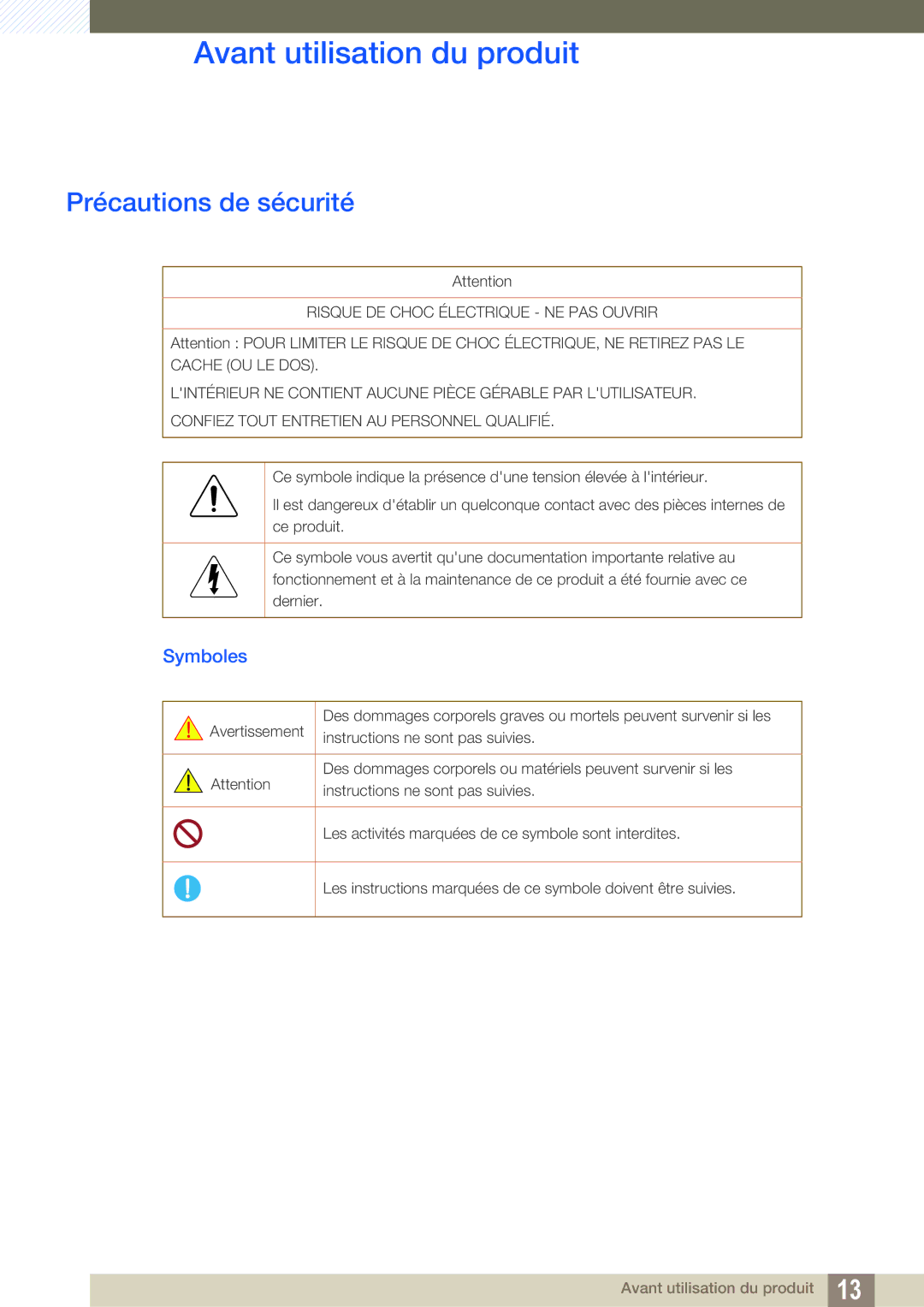 Samsung LH46SLBPLBC/EN manual Précautions de sécurité, Symboles 