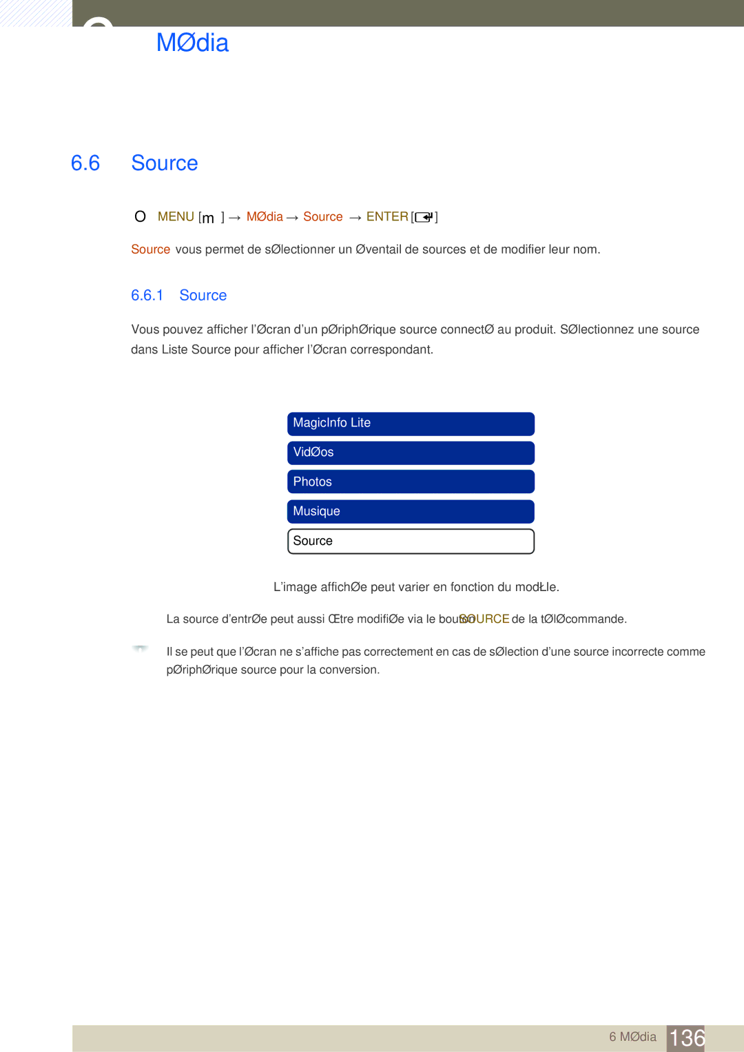 Samsung LH46SLBPLBC/EN manual Menu m Média Source Enter 