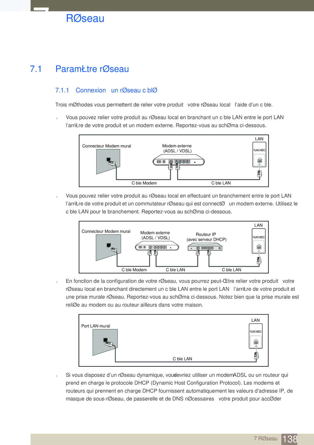 Samsung LH46SLBPLBC/EN manual Réseau, Paramètre réseau, Connexion à un réseau câblé 