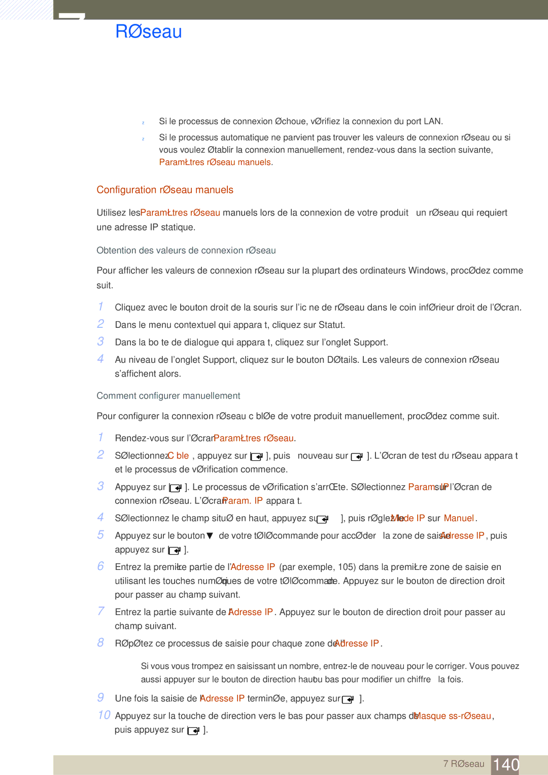 Samsung LH46SLBPLBC/EN manual Configuration réseau manuels, Obtention des valeurs de connexion réseau 