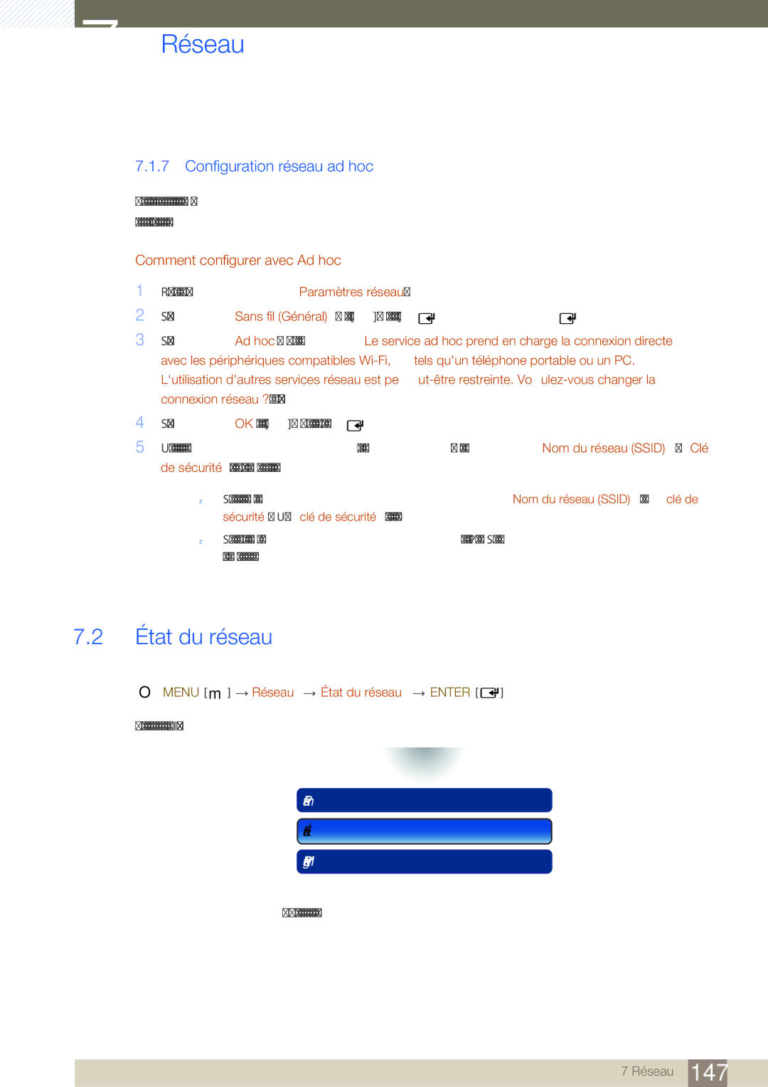 Samsung LH46SLBPLBC/EN manual État du réseau, Configuration réseau ad hoc, Comment configurer avec Ad hoc 