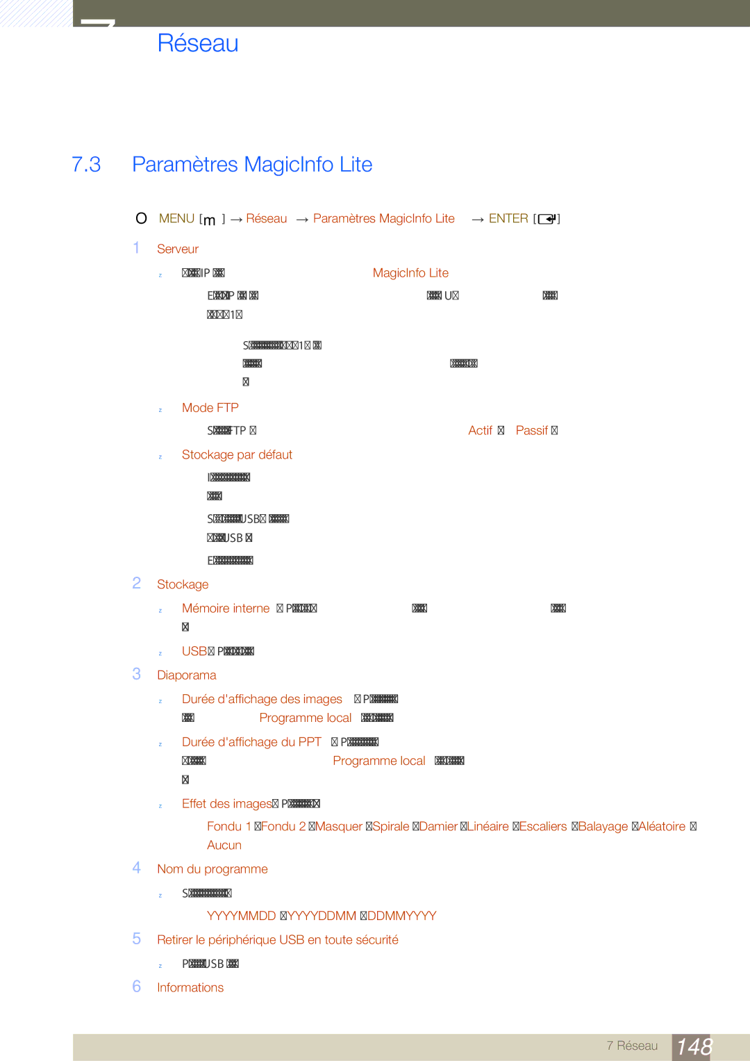 Samsung LH46SLBPLBC/EN manual Paramètres MagicInfo Lite 