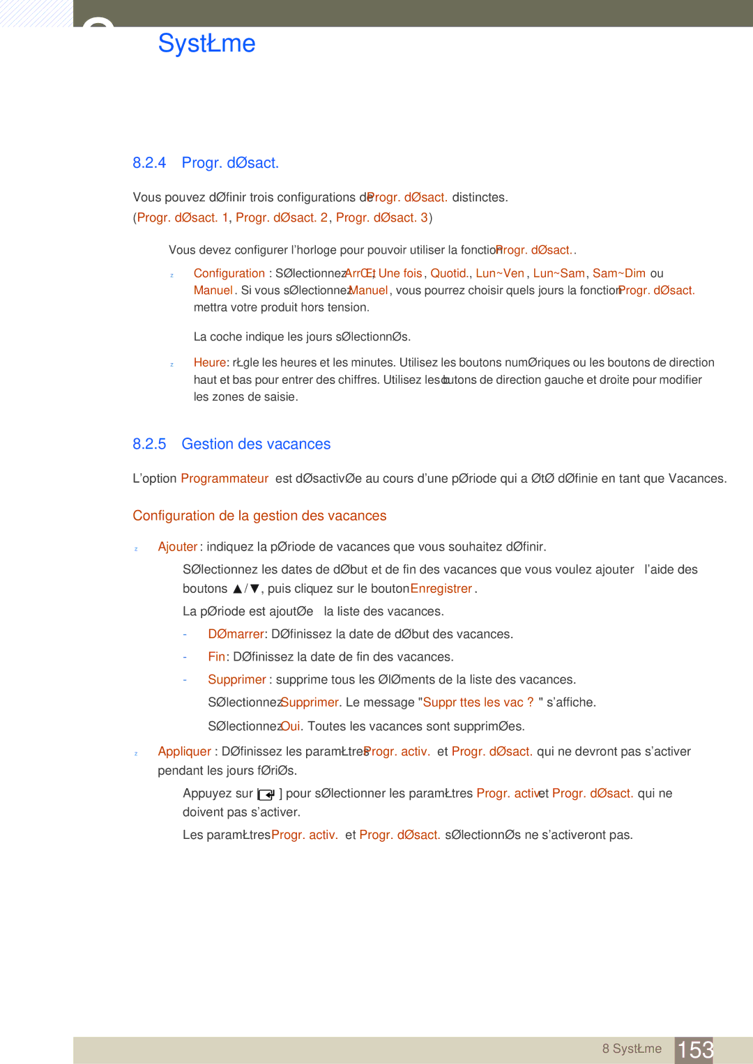 Samsung LH46SLBPLBC/EN manual Progr. désact, Gestion des vacances, Configuration de la gestion des vacances 