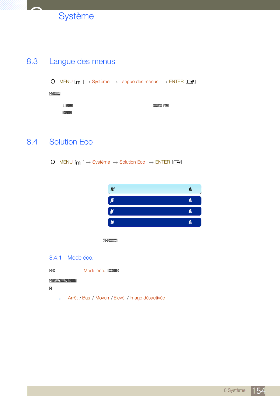 Samsung LH46SLBPLBC/EN manual Langue des menus, Mode éco, Menu m Système Solution Eco Enter 