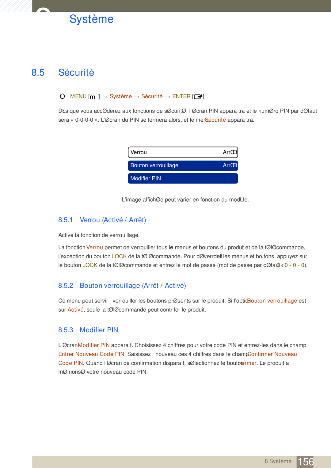 Samsung LH46SLBPLBC/EN manual Sécurité, Verrou Activé / Arrêt, Bouton verrouillage Arrêt / Activé, Modifier PIN 