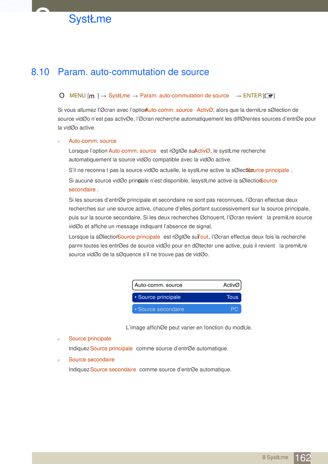 Samsung LH46SLBPLBC/EN Menu m Système Param. auto-commutation de source Enter, Auto-comm. source, Source principale 