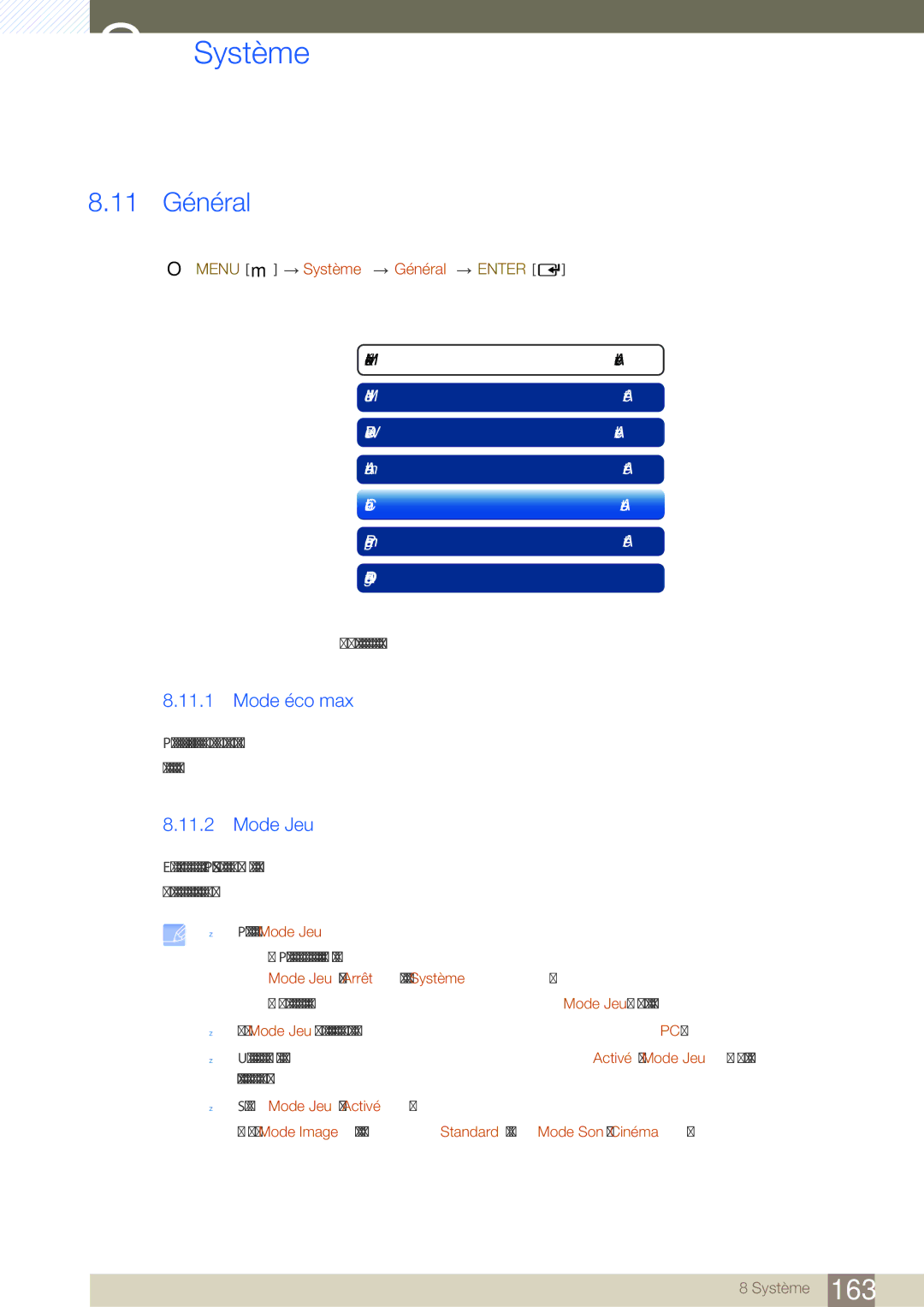 Samsung LH46SLBPLBC/EN manual 11 Général, Mode éco max, Mode Jeu, Menu m Système Général Enter 