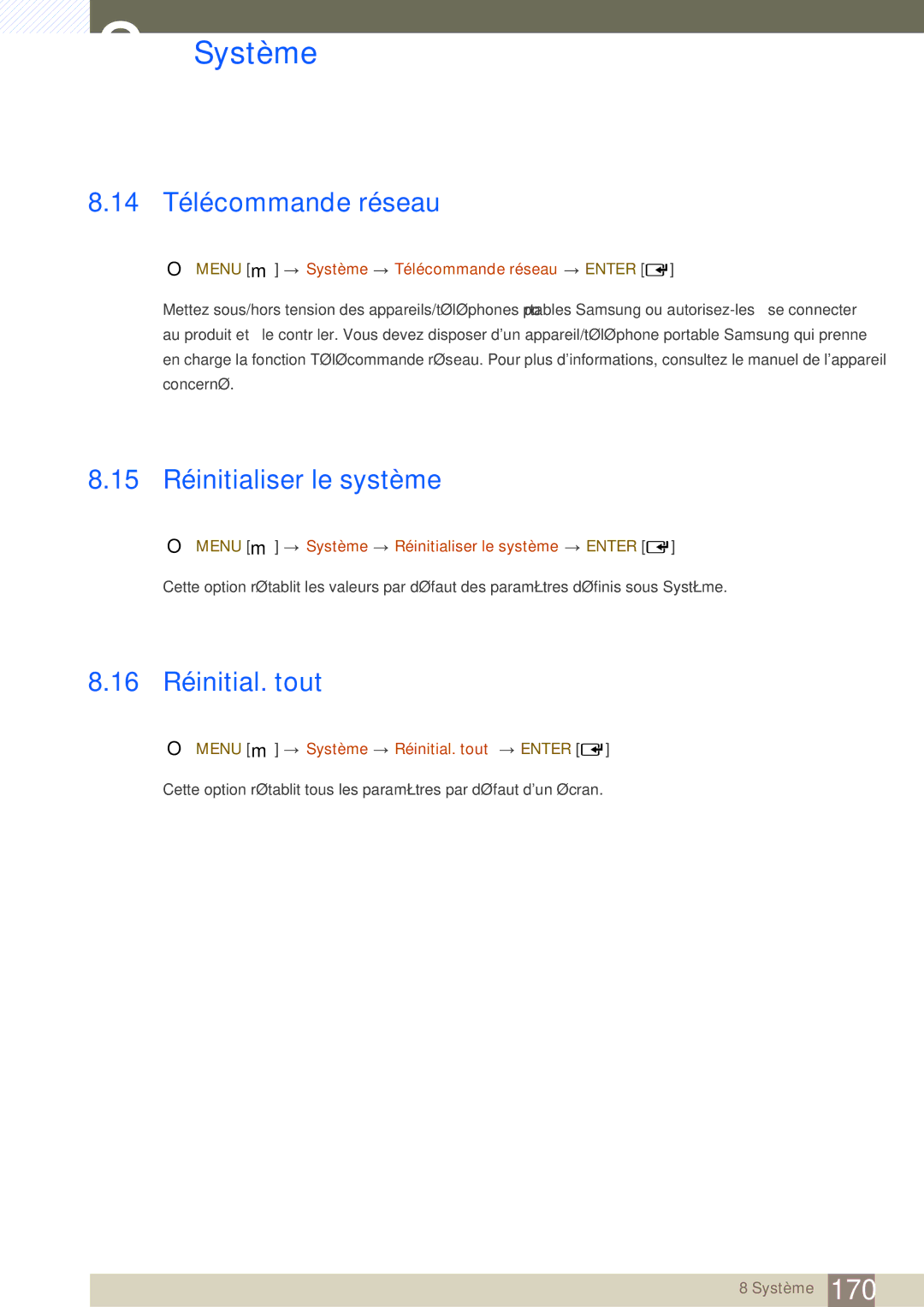 Samsung LH46SLBPLBC/EN manual 14 Télécommande réseau, 15 Réinitialiser le système, 16 Réinitial. tout 