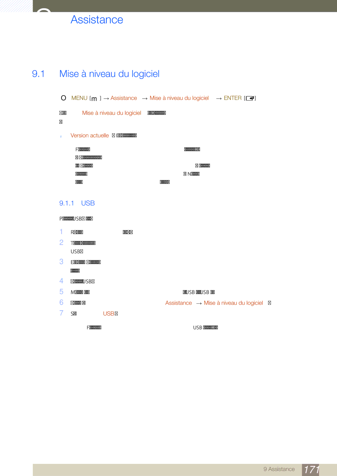 Samsung LH46SLBPLBC/EN manual 1 USB, Menu m Assistance Mise à niveau du logiciel Enter 