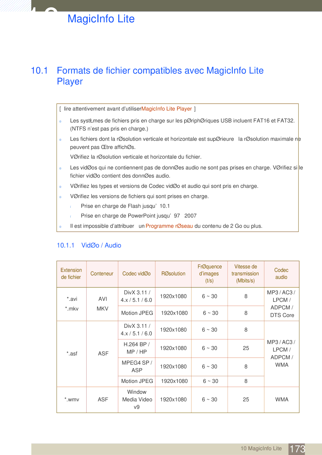 Samsung LH46SLBPLBC/EN manual Formats de fichier compatibles avec MagicInfo Lite Player, 10.1.1 Vidéo / Audio 