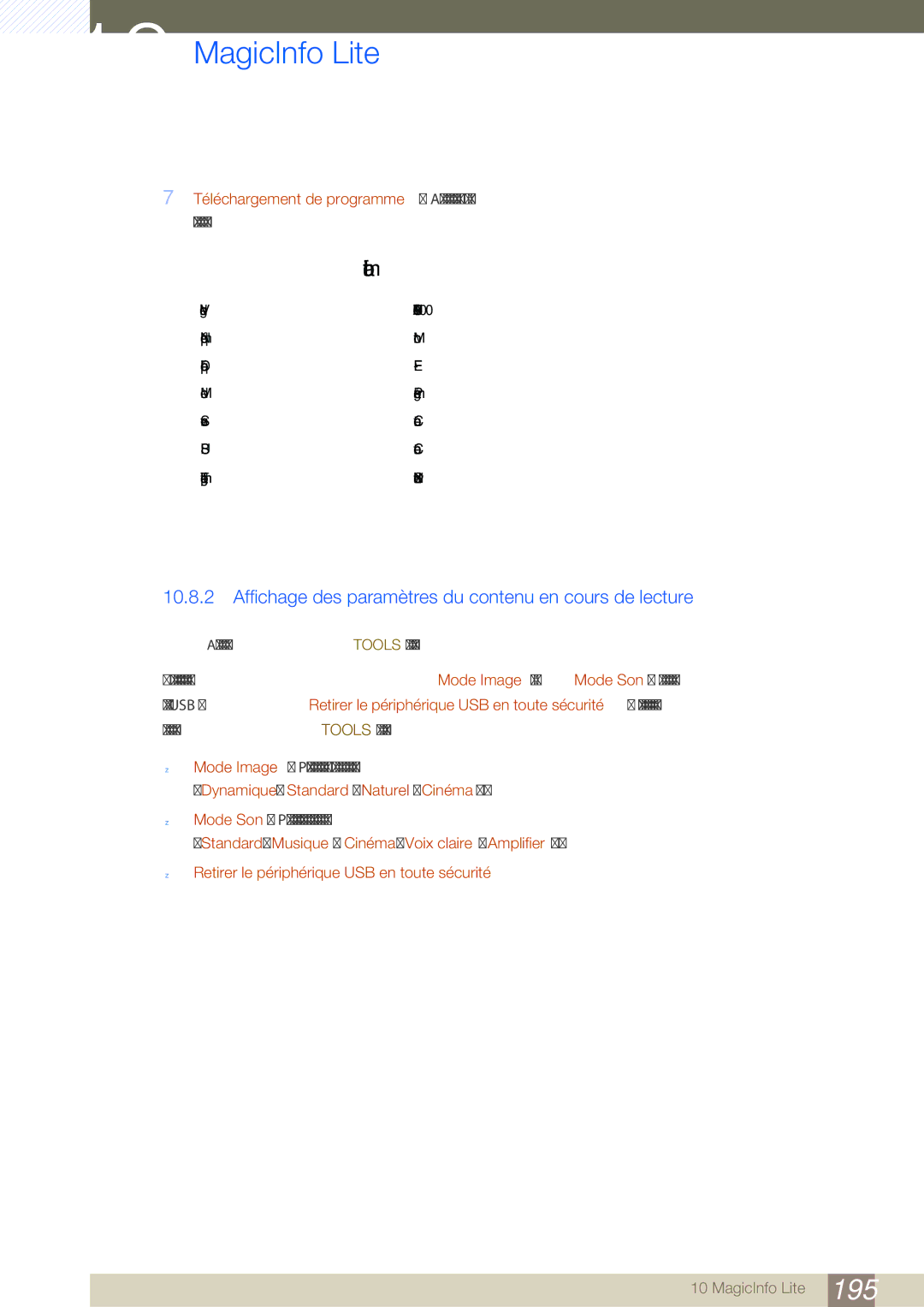 Samsung LH46SLBPLBC/EN manual Affichage des paramètres du contenu en cours de lecture 