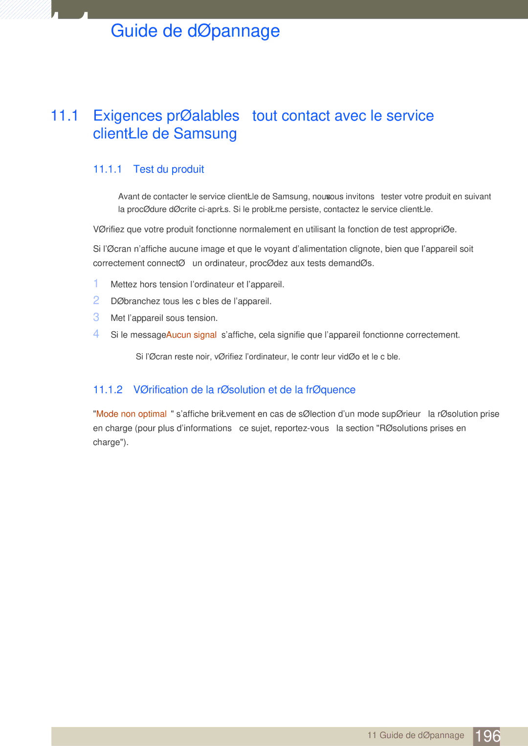 Samsung LH46SLBPLBC/EN manual Guide de dépannage, Test du produit, 11.1.2 Vérification de la résolution et de la fréquence 