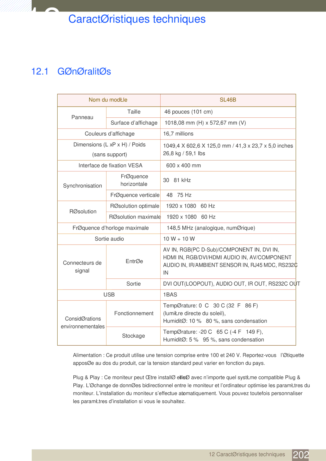 Samsung LH46SLBPLBC/EN manual Caractéristiques techniques, 12.1 Généralités 