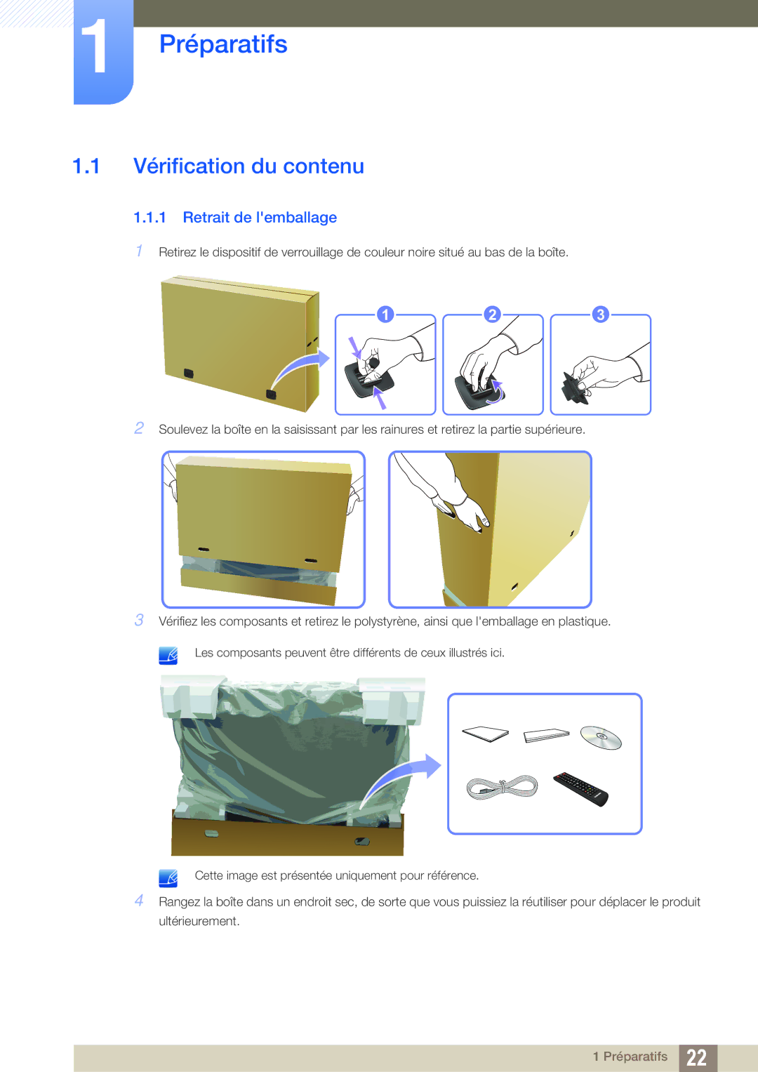 Samsung LH46SLBPLBC/EN manual Préparatifs, Vérification du contenu, Retrait de lemballage 