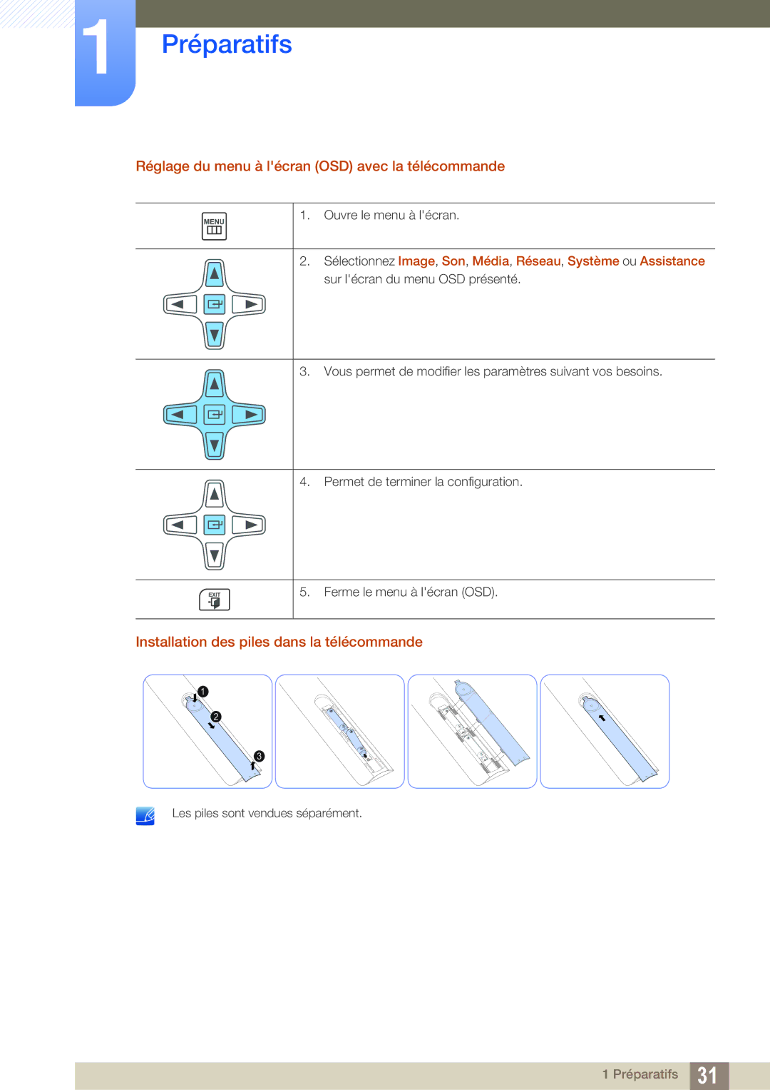 Samsung LH46SLBPLBC/EN Réglage du menu à lécran OSD avec la télécommande, Installation des piles dans la télécommande 