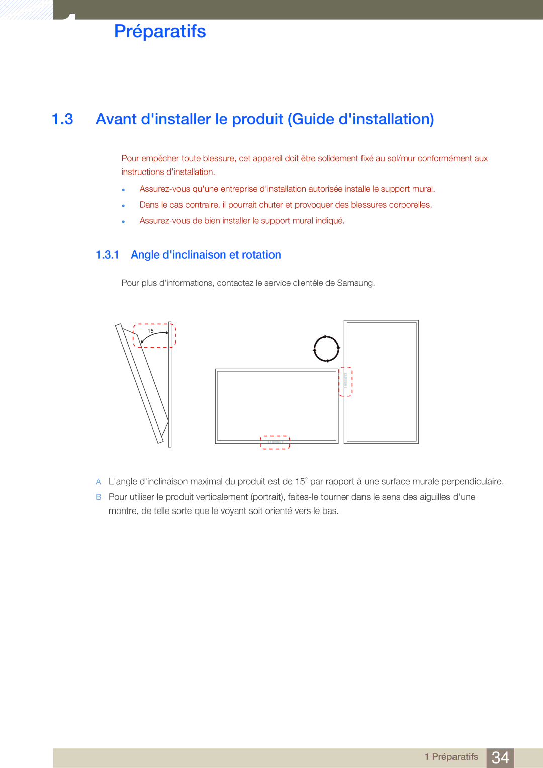 Samsung LH46SLBPLBC/EN manual Avant dinstaller le produit Guide dinstallation, Angle dinclinaison et rotation 