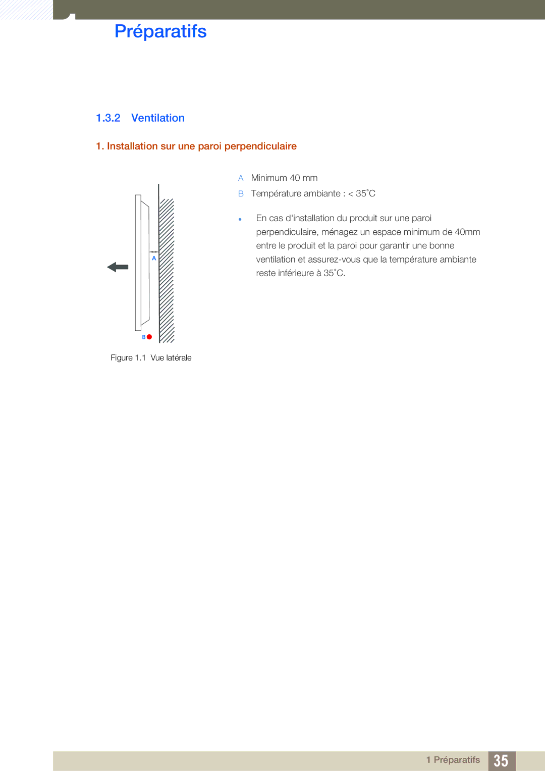 Samsung LH46SLBPLBC/EN manual Ventilation, Installation sur une paroi perpendiculaire 